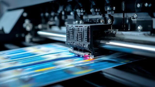 Closeup of advanced digital printing process combining speed and quality highlighting innovative techniques for sustainable and highresolution output.