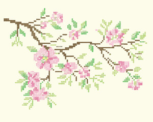 Obraz premium A pixelated branch adorned with delicate pink cherry blossoms and green leaves
