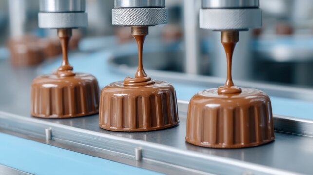 Industrial chocolate production process with chocolate filling being deposited into confectionery molds on a modern manufacturing line