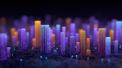 Abstract 3D representation of glowing urban skyline formed by colorful geometric shapes on a dark background, showcasing technology and creativity
