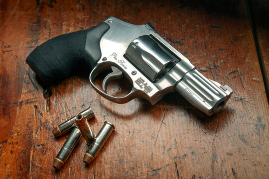 Smith & Wesson model 640 pro. .357 magnum revolver with custom Goon tape wrap. 158 grain Federal HST ammunition
