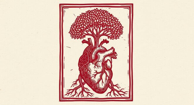 Red linocut illustration of human heart with tree branches and roots on vintage paper background