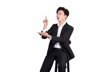 Enlightened Vision: A smartly dressed man gazes upwards, finger pointing skyward as he experiences a moment of inspiration.