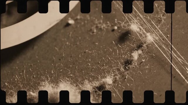 Damaged old film surface animation with drifting dust, hair fibers, scratch lines and organic grain, muted saturation, analog tape style, seamless 4K VFX overlay loop