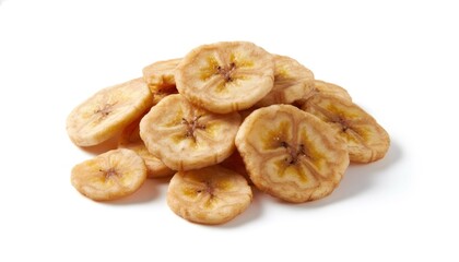 Pile of Dried Banana Chips Isolated on White Background for Snacking