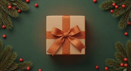 Festive Christmas Gift Box Tied With Ribbon Surrounded by Fir Branches and Berries, Top View