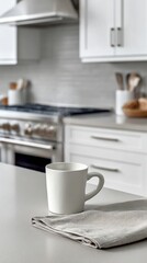 Obraz premium A white mug with steam coming out of it sits on a napkin on a counter. The scene is simple and uncluttered, with a focus on the mug and the steam rising from it