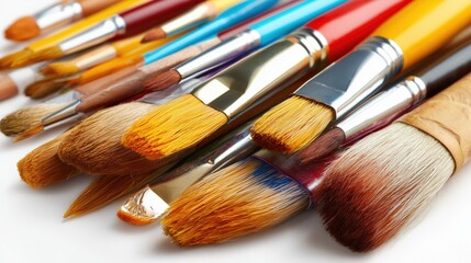 Fototapeta premium Close up of colorful artist paintbrushes arranged on white for creative hobbies.