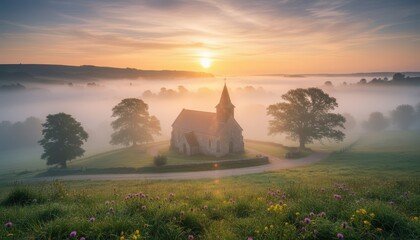 Fototapeta premium Stone Church in Misty Countryside at Sunrise