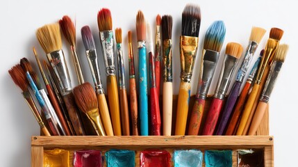 Fototapeta premium Old artistic paintbrushes in wooden box with colorful palette for art studio.
