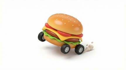 Stylized cheeseburger vehicle with rubber wheels moving fast on white background