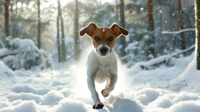 This is an of a happy Jack Russell Terrier running through a snow-covered forest. The dog's ears are flapping in the wind and its tail is wagging.
