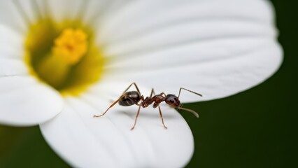 A close-up shot of a small black ant resting on a delicate white flower petal with a vibrant yellow center, showcasing intricate details of the insect and bloom.