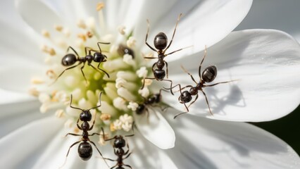 A close-up shot of several black ants crawling on the delicate white petals and yellow center of a blooming flower in natural light.