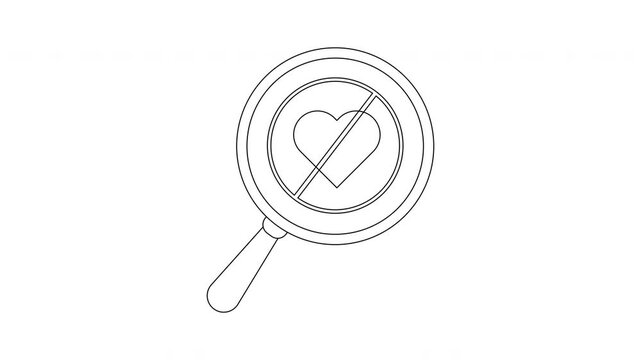 A magnifying glass frames a heart crossed by a diagonal line