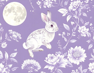 A whimsical illustration of a white bunny amidst a dreamy floral arrangement, illuminated by a full moon