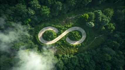An aerial view showcases a winding road forming an infinity symbol amidst lush green forest foliage