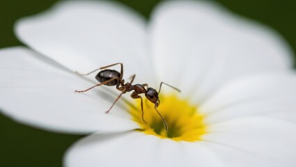 Naklejka premium A close-up shot of a small dark ant exploring the white petals and yellow center of a delicate flower.