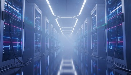 Futuristic Server Room Aisle with Glowing Blue Neon Data Racks