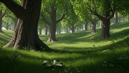 Serene Forest Path with Sunlit Trees and Green Grass
