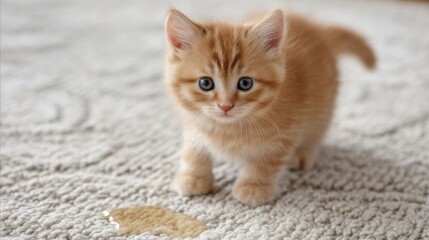 Adorable fluffy orange tabby kitten exploring home environment with curious expression on its face beside a small puddle on a soft carpet