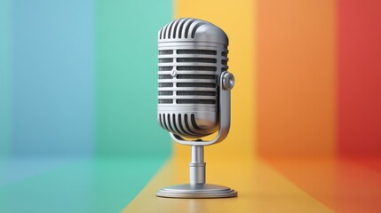 Vintage Microphone on Colorful Background Displaying Bright Stripes for Music, Podcast, and Recording Themes in a Creative Environment