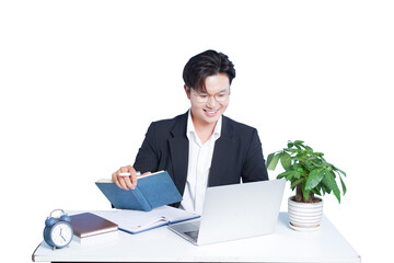 Focused Business Professional: A young, focused individual, radiating confidence, delves into the world of business through a laptop. With a planner and a potted plant nearby.