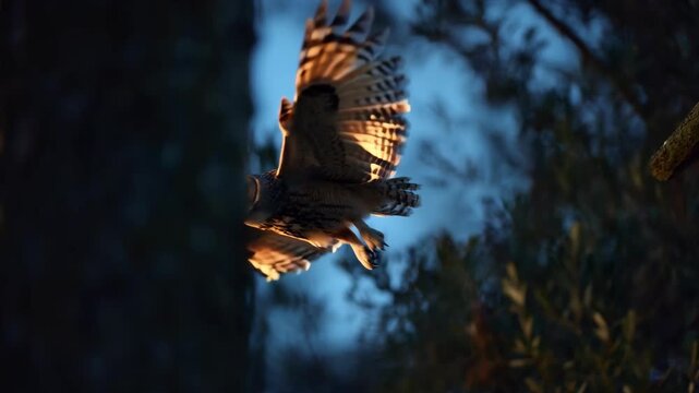 Focused medium shot of an owl gliding into its nesting box at dusk highlighting sustainable insect control through aviary installation.