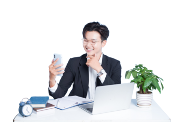 Modern Executive's Tech Moment: An elegant executive, immersed in a digital space, engages with a sleek smartphone while managing the business life. It blends the worlds of business, technology.