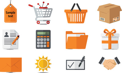 Ecommerce and business flat icon set with shopping cart packaging documents calculator gifts communication symbols design