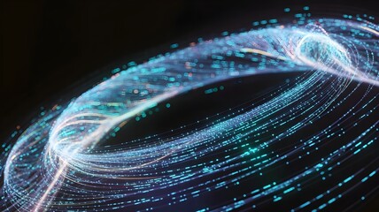 Upward twisting spiral of glowing data threads visualization - Perfect for concepts of growth, science, technology, or complex systems.