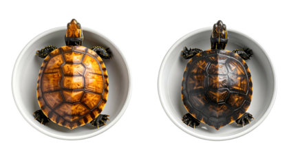 Two turtles sit in white bowls, top-down view, showcasing shell color variation
