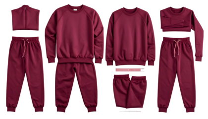 Display of maroon activewear sets sweatshirts, joggers, and coordinating tops
