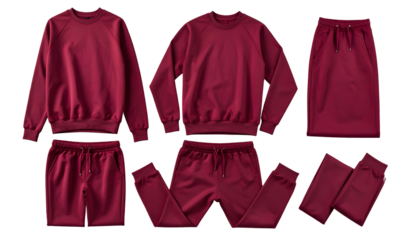 Three matching maroon-colored tracksuits, flat-lay arrangement, offering different angles and folds