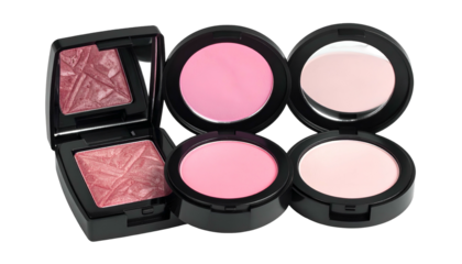 Makeup compacts with blush in various pink shades, displayed with their mirrors open