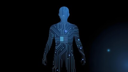 Human silhouette filled with glowing blue circuit design – Great for robotics, deep learning, or digital identity visual marketing.