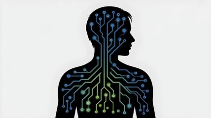 Black human silhouette filled with glowing blue and green circuits – Excellent for contrast, innovation, or human-technology fusion concepts.