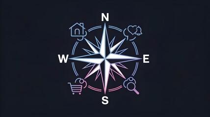 Minimalist compass rose formed by various glowing UI elements – Suitable for orientation, digital marketing, or business strategy visuals.