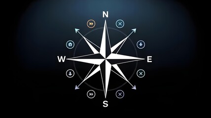 Futuristic compass rose built from glowing vector interface icons – Great for modern tracking, geolocation, or digital service presentations.