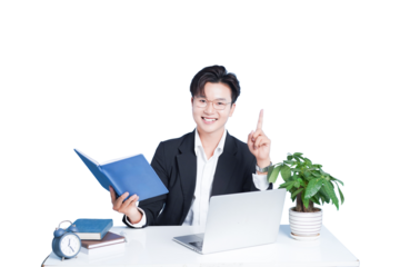 Focused Insight: A cheerful professional, illuminated by ambient light, at his desk with a book in hand, ready to share wisdom. 