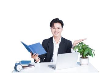 Smart Desk: A focused individual, illuminated by daylight, engages in study with books, computer, and a touch of nature, epitomizing the synergy of modern knowledge