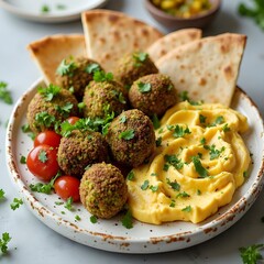 Falafel balls with hummus and pita bread.