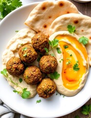 Falafel balls with hummus and pita bread.