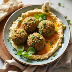 Falafel balls with hummus and pita bread.