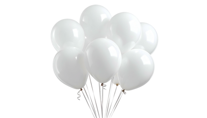 A cluster of white balloons, with shiny surfaces, floating against a black background