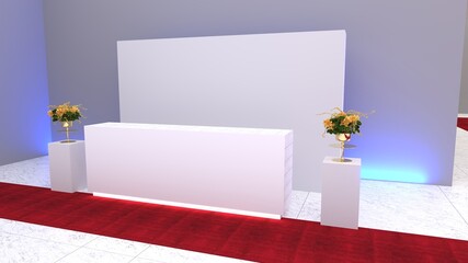 Welcome desk. Info desk, counter, event area, welcome counter mockup, registration stand. Mockup for events, exhibitions and presentations. Reception desk mockup.