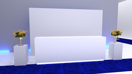 Welcome desk. Info desk, counter, event area, welcome counter mockup, registration stand. Mockup for events, exhibitions and presentations. Reception desk mockup.