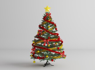 Christmas tree isolated. Traditional green christmas tree with baubles. Christmas tree decorated with star on top, pine cones, blue and gold ball, festive party ornament on white background.