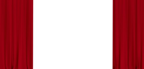 Red curtain on theater or cinema stage slightly open. Red theater curtains isolated