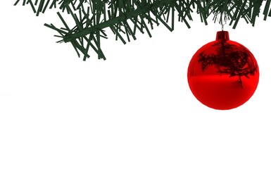 A red Christmas tree bauble decoration ornament hanging from a tree design